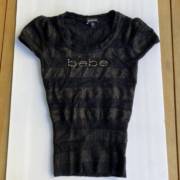 Y2K bebe Logo Rhinestone Logo Sweater T-Shirt Tee Black Gold Stripe Small - Picture 1 of 4